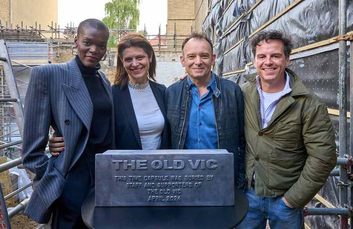 Sheila Atim, Laura Stevenson, Matthew Warchus and Andrew Scott with the time capsule at the site of the Backstage building