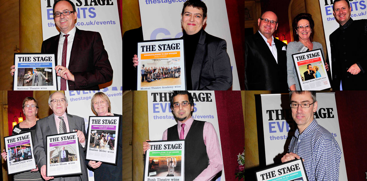 Winners of the 2012 Stage Awards (Clockwise from top left) Nick Starr for the National Theatre, Annemarie Lewis Thomas for Music Theatre Academy, Howard Jameson, Penny Horner and Gene David Kirk for Jermyn Street Theatre, Alan Finch for Chichester Festival Theatre, Madani Younis for the Bush Theatre