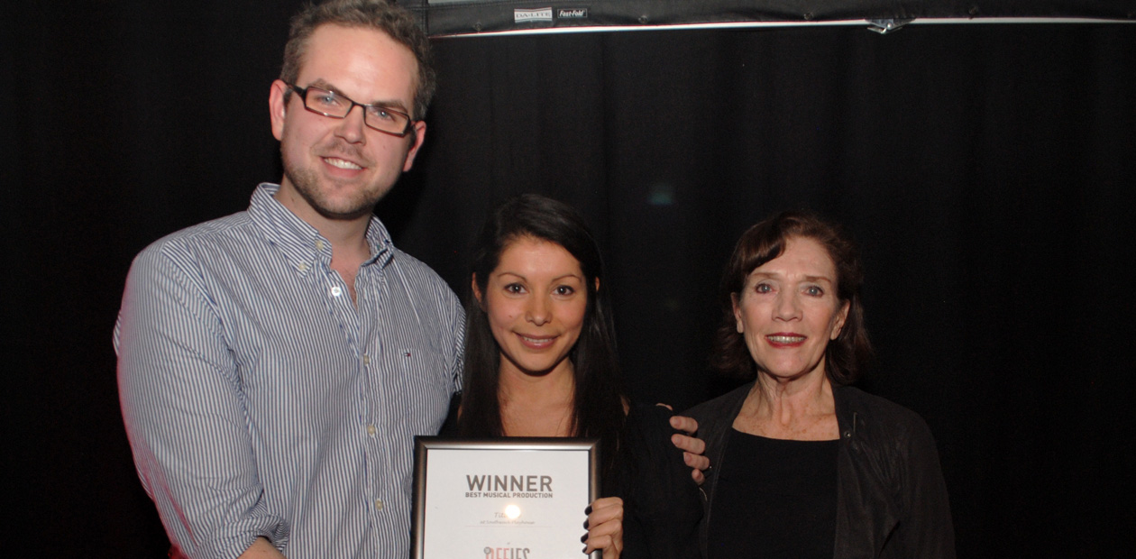 Titanic director Thom Southerland and producer Danielle Tarento with award presenter Linda Marlowe. Photo: Anthony Ofoegbu