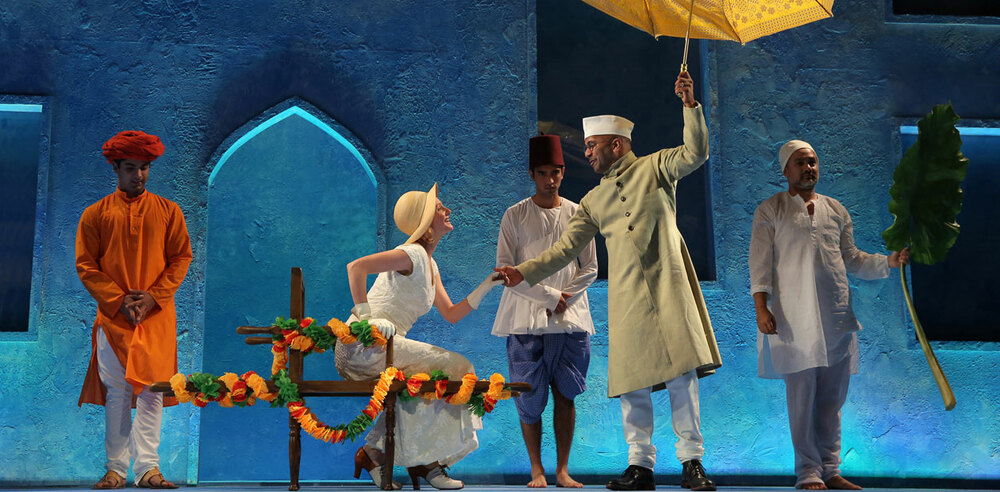 Romola Garai (centre) and Ajay Naidu (with parasol) and the cast of Indian Ink. Photo: Joan Marcus