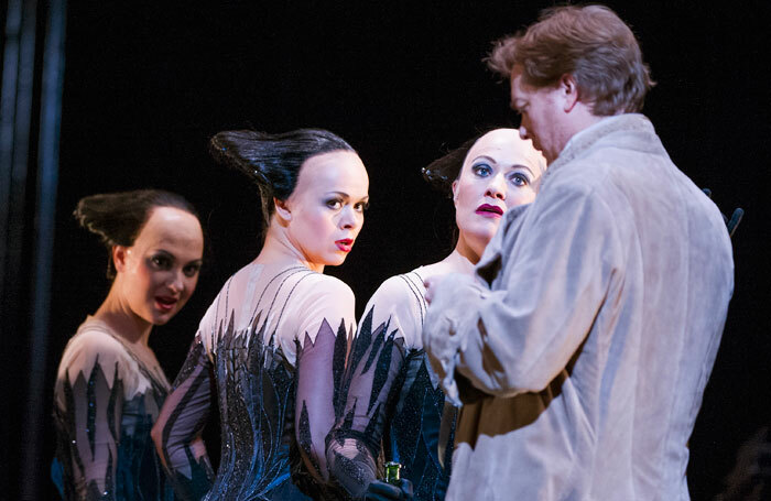 Claudia Huckle, Nadezhda Karyazina, Sinead Mulhern and Toby Spence (Tamino) in Die Zauberflote by Mozart, Royal Opera House. Photographs: Tristram Kenton