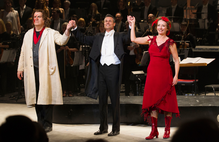 Bryn Terfel, David Charles Abell and Emma Thompson at curtain call at ENO's London Coliseum. Photo: Dan Wooller