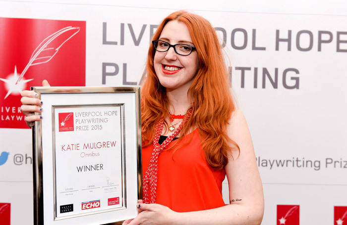 Katie Mulgrew with her award at the Liverpool Hope Playwriting Prize