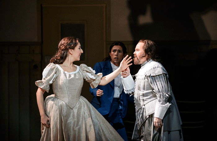 Rosa Feola, Elena Thomas and Barry Banks in I Puritani. Photo: Bill Cooper