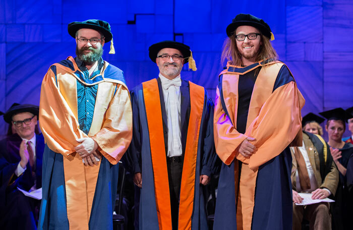 Dennis Kelly, Neil Ward (Pro-vice-chancellor of the University of East Anglia, which validates Mountview courses) and Tim Minchin. Photo: Robin Savage