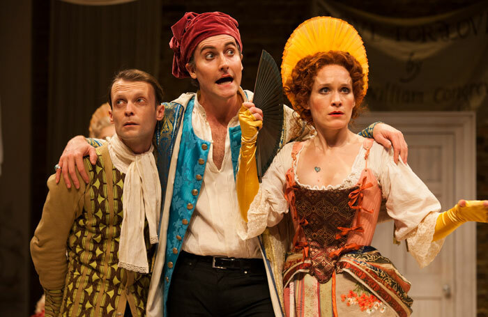 Carl Prekopp, Tom Turner and Zoe Waites In Love for Love at the Swan Theatre, Stratford-upon-Avon. Photo: Ellie Kurttz