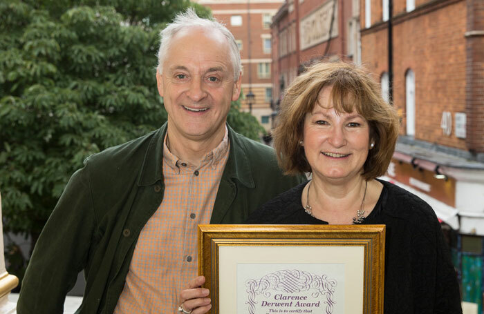 Malcolm Sinclair presenting Deborah Findlay with her Clarence Derwent Award. Photo: Phil Adams