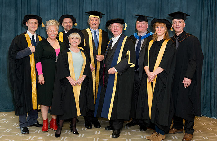 Horonrary fellows of RCSSD (from left): Michael Grandage, Emma Rice, David Jubb, Barbara Windsor, Professor Sir Adrian Smith, Professor Gavin Henderson, Martin Wylde, Rebecca Lenkiewicz and Geoffrey Colman. Photo: Patrick Baldwin