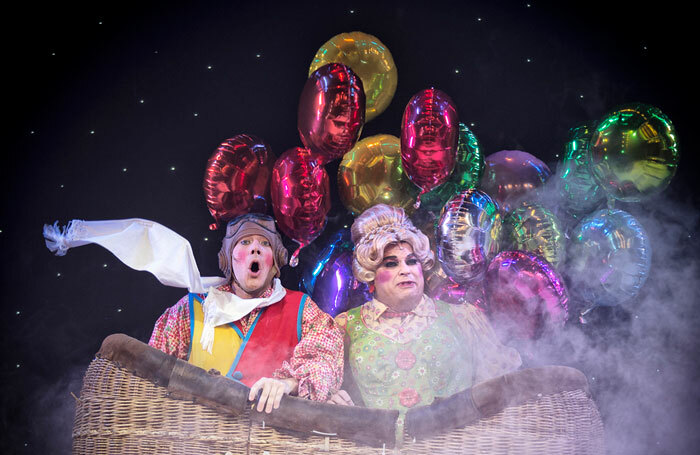 Jamie Brook and Peter Gordon in Jack and the Beanstalk at the Yvonne Arnaud Theatre, Guildford. Photo: Bryan Allman