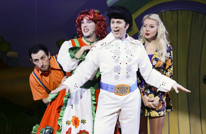 Oliver Mawdsley, James Parkes, Chris Clarkson and Louise Olley in Jack and the Beanstalk at Theatre Royal, Bury St Edmunds. Photo: Keith Mindham