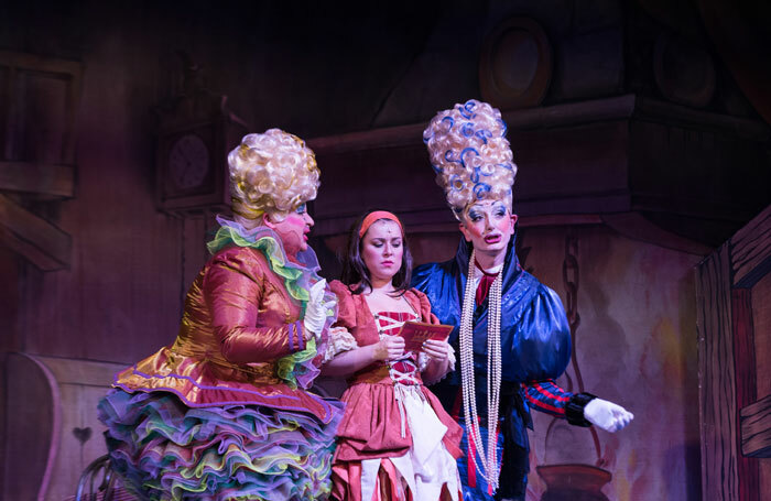 David Ball, Dani Harmer and Richard Colson in Cinderella at the Assembly Hall Theatre, Tunbridge Wells. Photo: Jez Timms