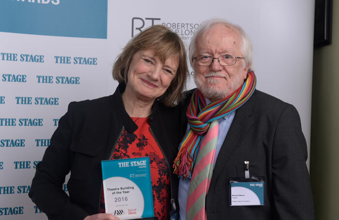 Lisa Burger, executive director of the National Theatre, which won Theatre Building of the Year and the International Award, with Richard Pilbrow. Photo: Alex Brenner