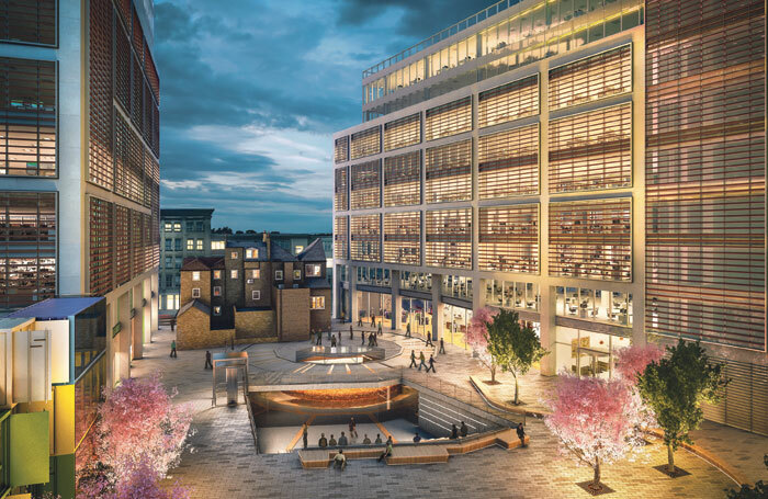 Artist's impression of The Stage development in Shoreditch, showing the amphitheatre and glass walkway