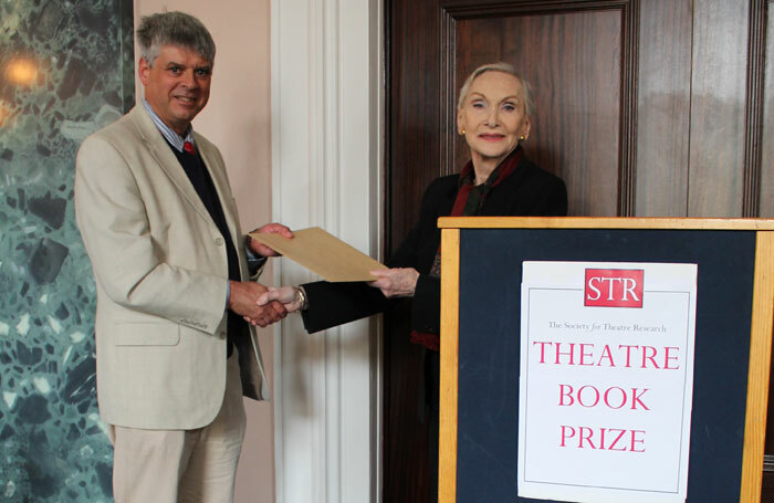 Sian Phillips presents Steve Nicholson with the Theatre Book Prize. Photo: Vicki Holland