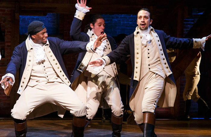 Okieriete Onaodowan, Anthony Ramos and Lin-Manuel Miranda in the original Broadway cast of Hamilton. Photo: Joan Marcus