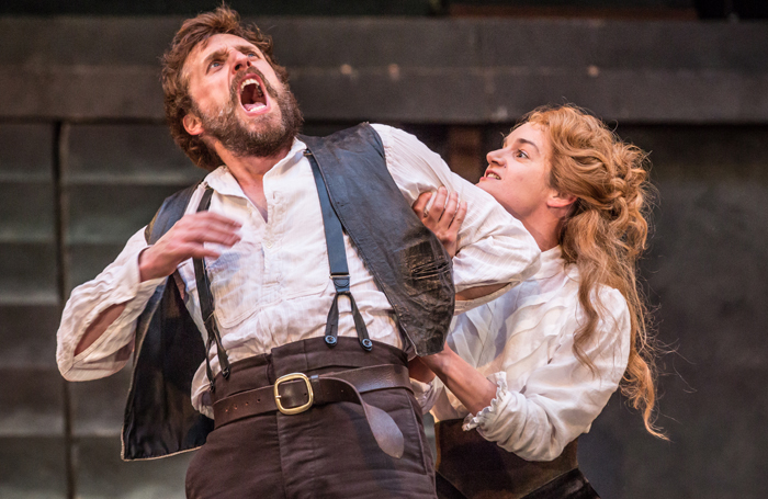 Edward MacLiam and Aoife Duffin in The Taming of the Shrew at Shakespeare's Globe. Photo: Marc Brenner