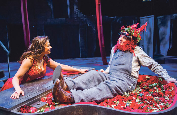 The Royal Shakespeare Company’s A Midsummer 
Night’s Dream – A Play for the Nation featured amateur performers as the Mechanicals, including Chris Clarke as Bottom, alongside professionals including Ayesha Dharker. Photo: Tristram Kenton