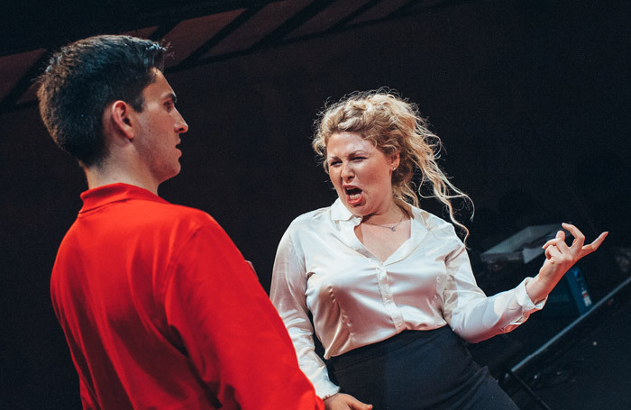 Ben Mann and Katherine Kotz in Happy to Help at Park Theatre, London. Photo: David Monteith