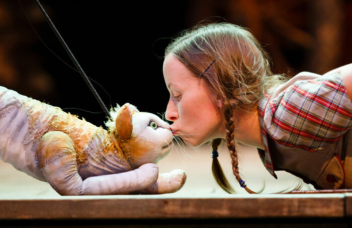 Tips the Cat and Katy Owen in 946: The Amazing Story of Adolphus Tips at Shakespeare's Globe. Photo: Steve Tanner