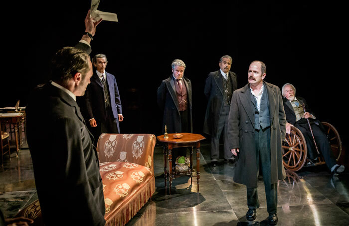 Michael Hodgson, Antony Bunsee, Julian Firth, Madhav Sharma, Ian Hughes and William Gaunt in Strife at the Minerva Theatre, Chichester. Photo: Johan Persson