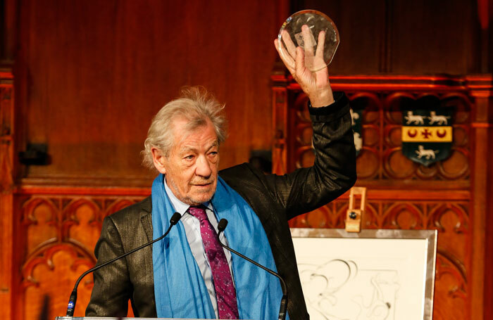 Ian McKellen receives his award for outstanding contribution to British theatre at the UK Theatre Awards 2016. Photo: Pamela Raith