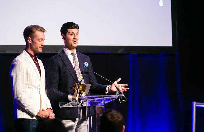 Joseph Houston and William Whelton receiving the hClub 100 theatre prize. Photo: Tomlin