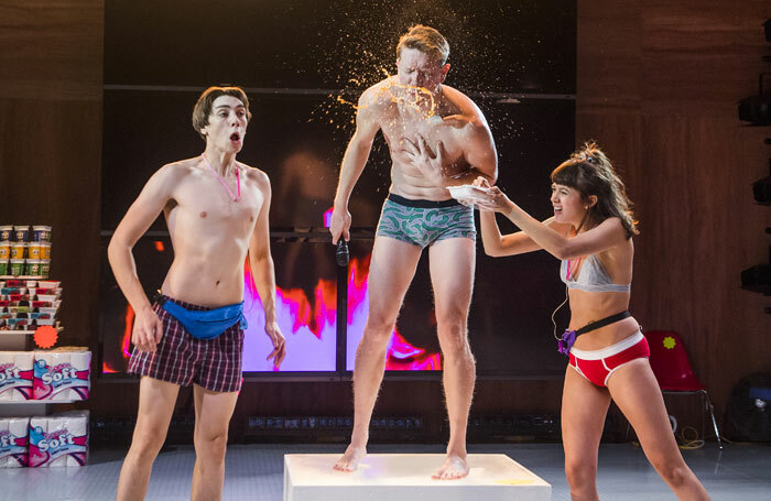Alex Arnold, Sam Spruell and Sophie Wu in Shopping and Fucking at the Lyric Theatre, Hammersmith. Photo: Tristram Kenton