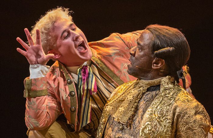 Adam Gillen and Lucian Msamati  in Amadeus at the National Theatre. Photo: Marc Brenner