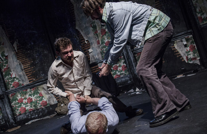 Joel Gillman, Will Bliss, and Tim Faulkner in Magnificence at Finborough Theatre, London. Photo: Tegid Cartwright