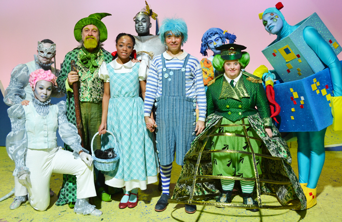 Cast members Philip Constantinou, Jojo Morrall (front), Iain Whitmore, Aimee Magloire-Oliver, Daniel Banton, Sebastian Gonzalez, Belinda McGuirk, Emma Cambridge and Michael Bossisse at the press night for Adventure to Oz at Chickenshed Theatre, London