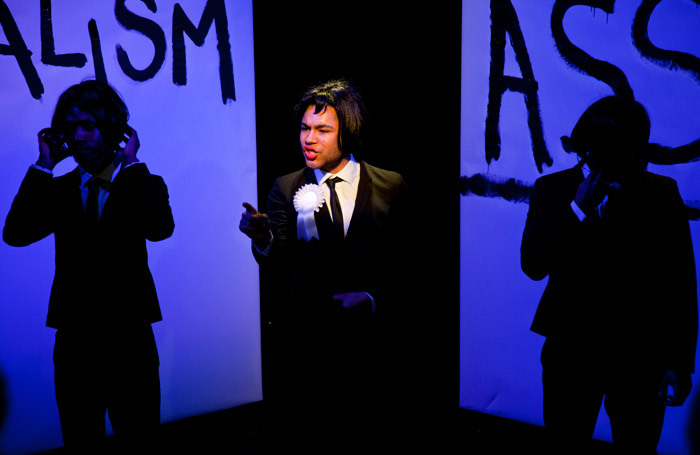 Jamal Gerald, Travis Alabanza and Lasana Shabazz in Putting Words in Your Mouth at the Roundhouse, London. Photo: Holly Revell