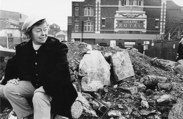 Joan Littlewood pictured in the 1970s outside Theatre Royal Stratford East. Photo: TRSE Archive