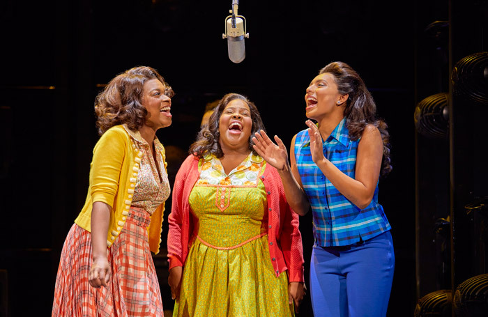 Ibinabo Jack, Amber Riley and Liisi-LaFontaine in Dreamgirls at the SavoyTheatre. London. Photo: Brinkhoff Mogenburg