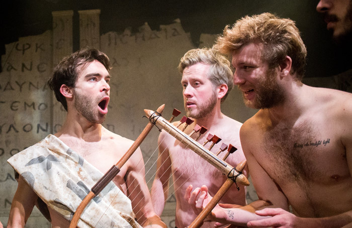 Tom Purbeck, James Rigby and Dannie Pye in The Trackers of Oxyrhynchus at the Finborough Theatre, London. Photo: Samuel Taylor