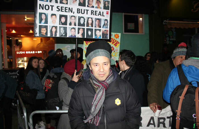 Daniel York at the protest at the Print Room on the opening night of In the Depths of Dead Love. Photo: Georgia Snow