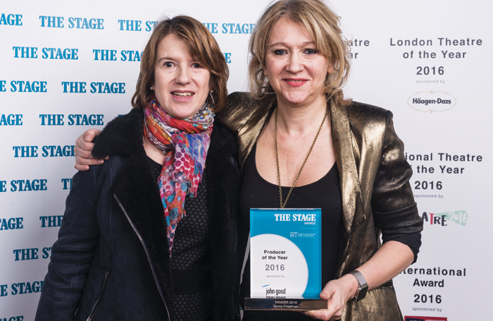 Executive director Diane Benjamin and producer Sonia Friedman with The Stage awards for best producer. Photo: Alex Brenner