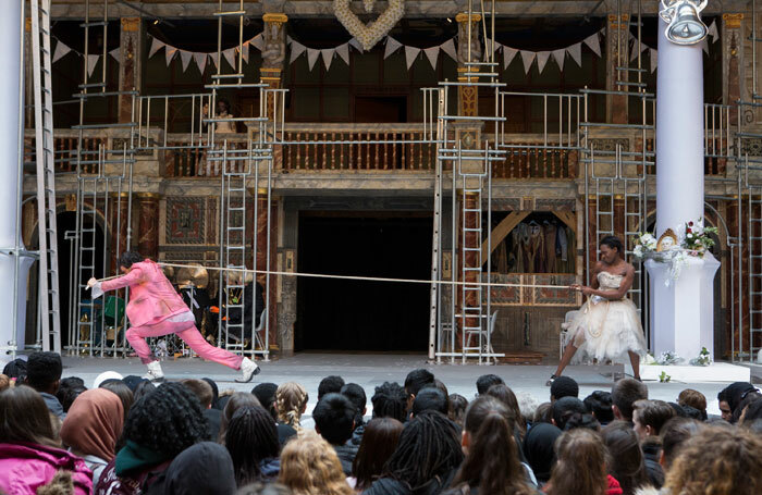 Alex Gaumond and Gloria Onitiri in Globe Education's The Taming of the Shrew. Photo: Ellie Kurttz