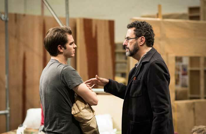 Tony Kushner talks to Andrew Garfield during rehearsals for Angels in America. Photo: Helen Maybanks