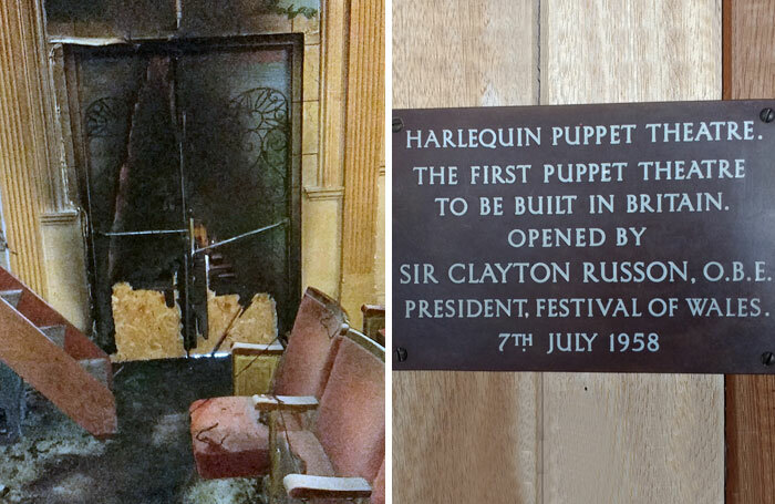 Fire damage (left) at the Harlequin Puppet Theatre, which was founded in 1958 (right)