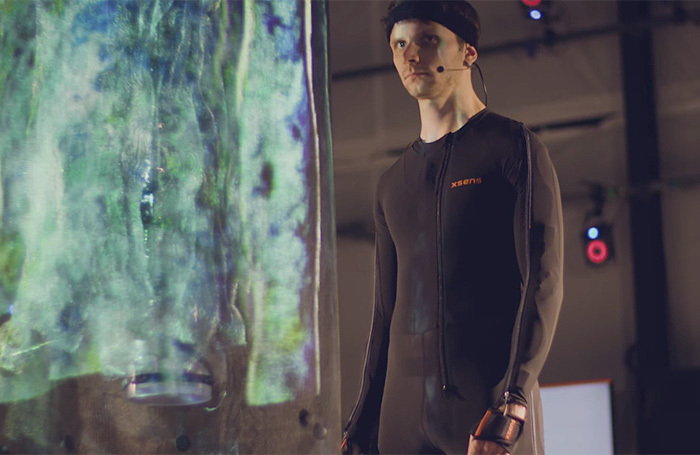 Mark Quartley rehearses for The Tempest in a motion-capture suit. Photo: RSC