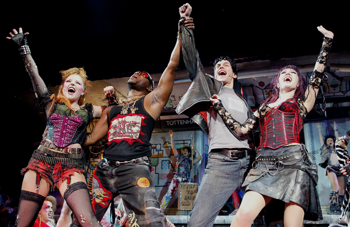 Kerry Ellis, Nigel Clauzel, Tony Vincent and Hannah Jane Fox in We Will Rock You at the Dominion Theatre, London, in 2002. Photo: Tristram Kenton
