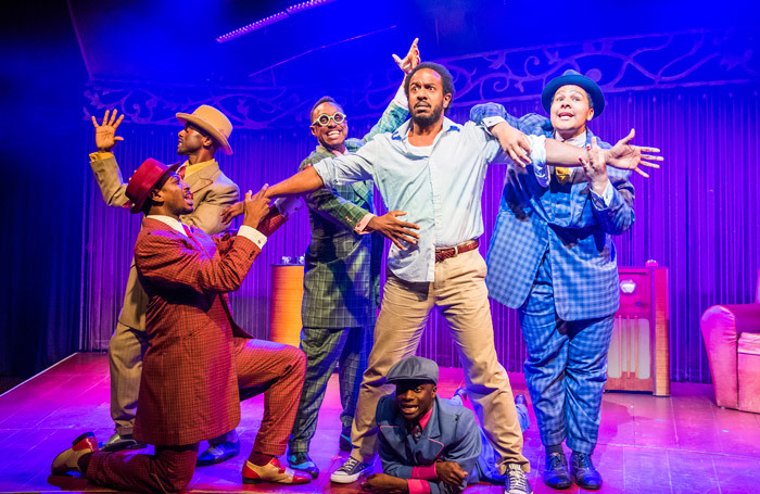 The cast of Five Guys Named Moe at Marble Arch Theatre, London. Photo: Tristram Kenton