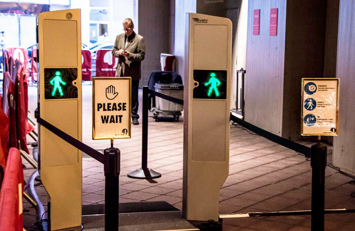 Metal detectors at a Broadway theatre entrance. Photo: Howard Sherman