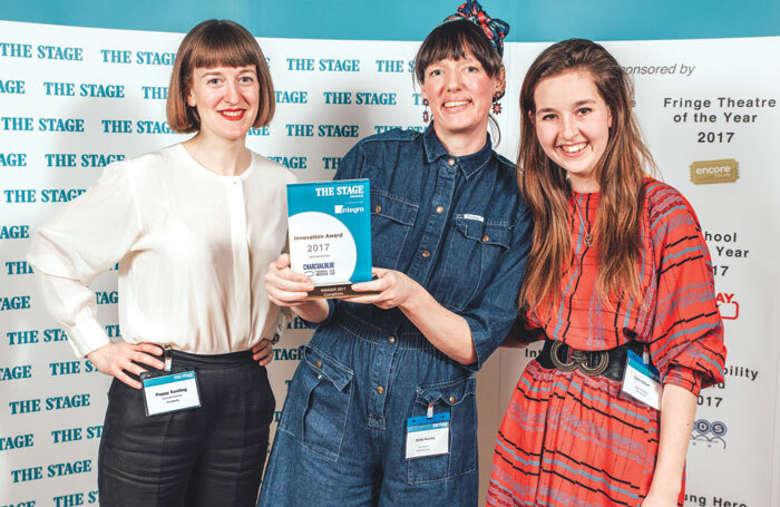 Director Kirsty Housley, centre, with Complicite’s Poppy Keeling (left) and Claire Gilbert (right) receiving 
The Stage Award for innovation 
earlier this year. Housley co-directed The Encounter. Photo: David Monteith-Hodge