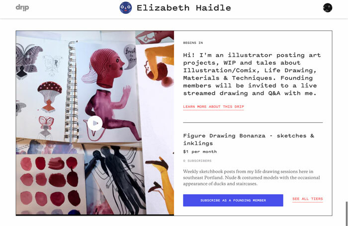 Example of a creator page on Kickstarter's new Drip platform
