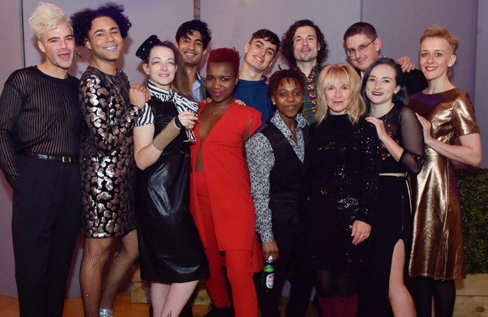 Cast members Tom Ross-Williams, Travis Alabanza, Sophie Stone, Atri Banerjee (assistant director), Temi Wilkey, Craig Hamilton, Yandas Ndlovu, Gareth Kieran Jones, Toyah Willcox, Chris Goode (director), Rose Wardlaw and Lucy Ellinson at the press night of Jubilee at Manchester Royal Exchange. Photo: