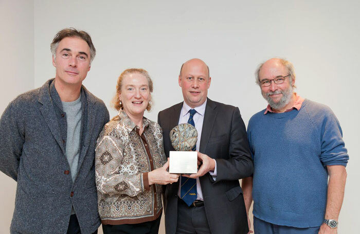 Greg Wise (guest), Cinzia Hardy (November Club artistic director), Robert Addison (manager of Hexham and Northern Marts) and Peter Brooke-Ball (award sculptor) at the 2017 Achates Awards