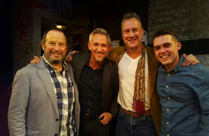 Gary Lineker (second left) with cast members John Bowler, Stephen Tompkinson and Dean Bone after a performance of The Red Lion at Trafalgar Studios, London