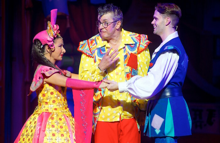 Hayley Tamaddon, Joe Pasquale and  Alexis Gerred in Aladdin at Bristol Hippodrome