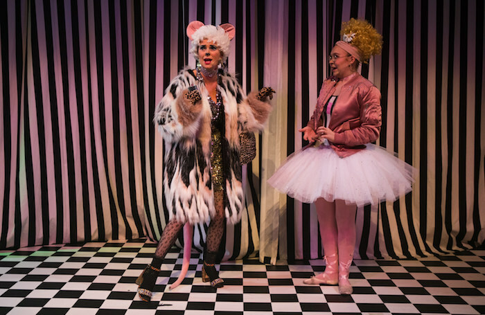 Jo Freer as Dora and Daisy Ann Fletcher as Alice, Alice in Weegieland at Tron Theatre. Photo: John Johnston